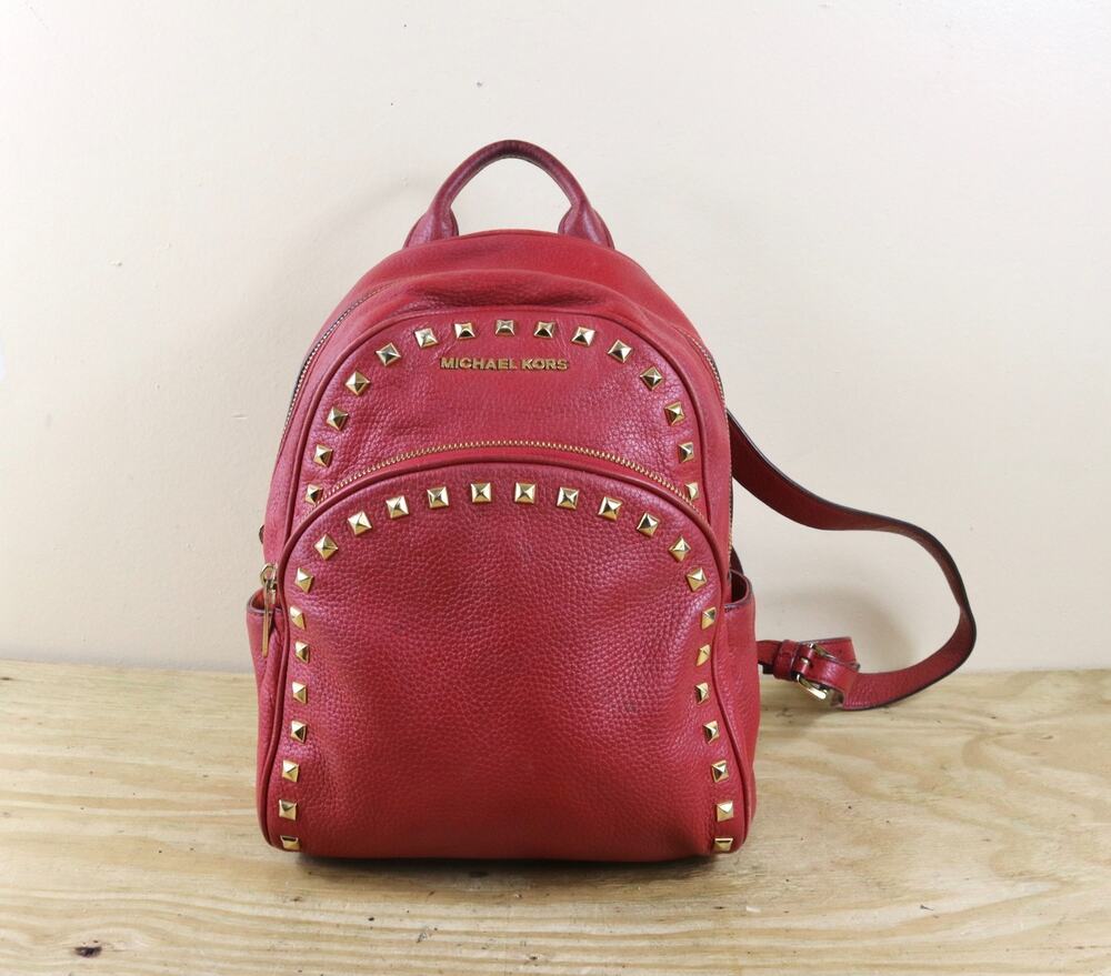 Michael Kors Backpack Red Pebble Leather Abbey Gold Studs Medium Bag Boho